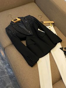 2023 Autumn Black Solid Color Hot Drilling Blazers Lange Mouw ingekeed Lapel Single-Button Slim Out-wear Coats O3N022610