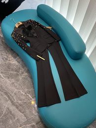 2023 automne noir couleur unie strass deux pièces pantalons ensembles à manches longues revers cou perlé Blazers haut Flare pantalon pantalon costumes ensemble Two Piece Suits O3G302598