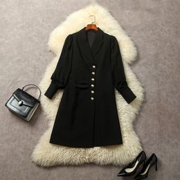 Осень 2023, черный сплошной цвет, однобортный пиджак, платье с длинными рукавами и пуговицами с зубчатыми лацканами, короткие повседневные платья L3O032486