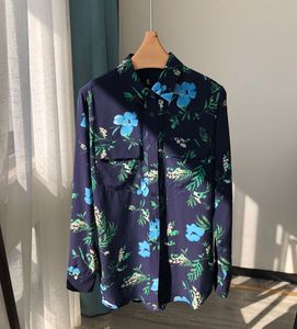 2023 herfstblauwe bloemenprint zijde blouse shirt lange mouw revershals dubbele zakken met één borte soie top shirts h3g22fslm