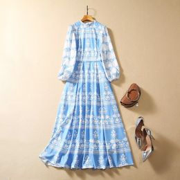 2023 otoño azul estampado de Cachemira vestido con paneles manga linterna 4/5 manga cuello redondo Midi vestidos casuales A3Q191340 de talla grande XXL