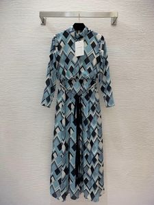 2023 automne bleu losange imprimé robe ceinturée à manches longues col montant strass longues Maxi robes décontractées B3G041817 grande taille XXL