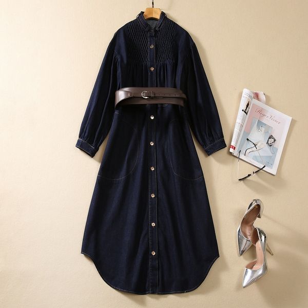 Robe en Denim avec ceinture, couleur unie, bleu, manches longues, col montant, boutons, simple boutonnage, robes décontractées, automne 2023, S3S020831