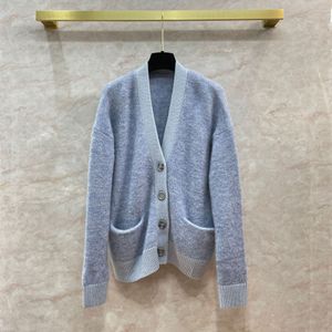 2023 Automne Bleu Couleur Unie Mohair Tricoté Cardigan Pull À Manches Longues Col En V Double Poches Simple Boutonnage Lâche Chandails Manteaux Q3N141531