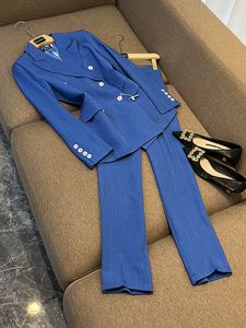 2023 Automne Blue Color Color en deux pièces Pantalons Pantalons à manches longues Lape Blazers Double-Basted Top avec un pantalon long réglage 2 pièces Blazer costumes F3N021208022