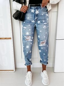 2023 Herfst Boyfriend Jeans Vrouw Slim Hole Jeans Voor Dames Met Vijfpuntige Ster Gescheurde Jeans Straat Casual Blauwe Denim Broek 240124