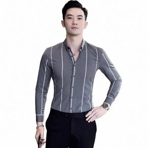 2023 Automne classique rayé chemise pour hommes de haute qualité Lg manches Slim FTI chemises décontractées mâle Busin formel Dr chemises M-4XL q2pu #