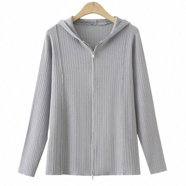 2023 Automne Vêtements Femmes Cardigan Plus Taille Fermeture à glissière bidirectionnelle Casual Glace Soie Tricotée Pull à capuche rayé Courbe F11 1566 L6qv #