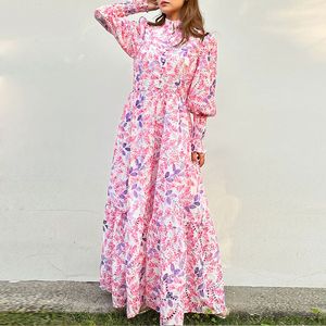 2023 Robe d'automne Femmes Designer Vêtements Stand Up Neck Taist Slim Cut Out Bubble Sleeve Flower Long Robe