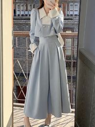 2023 Autumn Elegant 2 -delige kleding Set Women Slim Vintage Party Office Lady Koreaans pak lange mouw Crop Tops Casual Midi Rok 240323