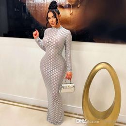 2023 herbst Abend Party Kleid Oansatz Langarm Plaid Mesh Sehen Obwohl Bodycon Midi Maxi Kleider Für Frau Kleidung