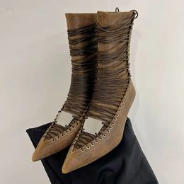 Botas cortas de piel auténtica para mujer, tacones altos de punta, a la moda, diseño de correa Retro, botas cortas sexis para ir al trabajo 2023