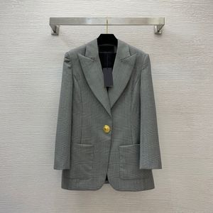 2023 otoño gris a cuadros chaquetas de lana de manga larga con muescas botones de solapa prendas de vestir de un solo botón abrigos B3S032343