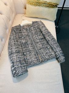 2023 Autumn Gray Solid Color Contrast Trim Tweed Jacket lange mouw ronde nek dubbele zakken klassieke jassen jas kort uitklapen A3G116598