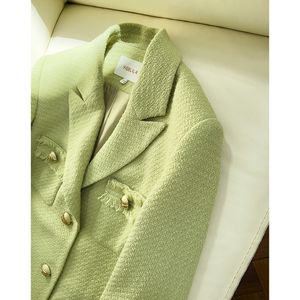 Blazer en Tweed à panneaux de couleur unie, vert, manches longues, revers cranté, Double poches, simple boutonnage, manteaux d'extérieur, automne 2023, J3G301376