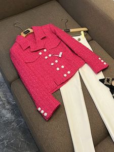 2023 Herbst Pink Pink Fellfarben getäfelte Tweed Blazer Langhülle Gekerbte Räume Knöpfe Doppelreiche Kurzwäsche A3N016569 Doppelbrust