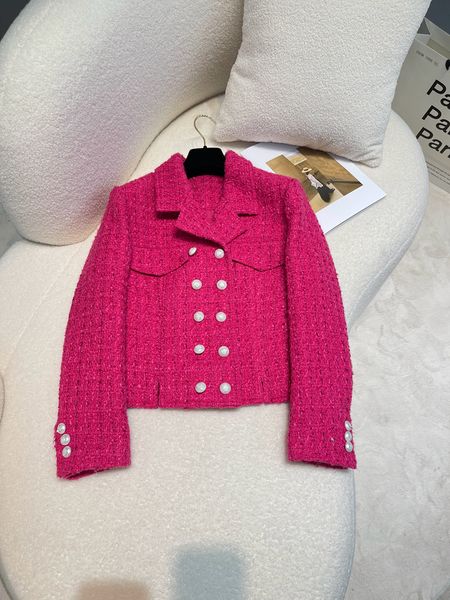 2023 Autumn Hot Pink Solid Color Jacket Tweed Chaqueta de manga larga Botones Notchado-Lapel Caída de doble pecho Caíz