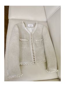 Veste en Tweed perlé de couleur unie ivoire, manches longues, col en v, Double poches, classique, manteau court, vêtements d'extérieur, automne 2023, J3G301350