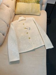 Otoño 2023, chaqueta de Tweed de Color marfil sólido, manga larga, cuello redondo, lentejuelas, chaquetas de un solo pecho, abrigo, prendas de vestir cortas A3G306607