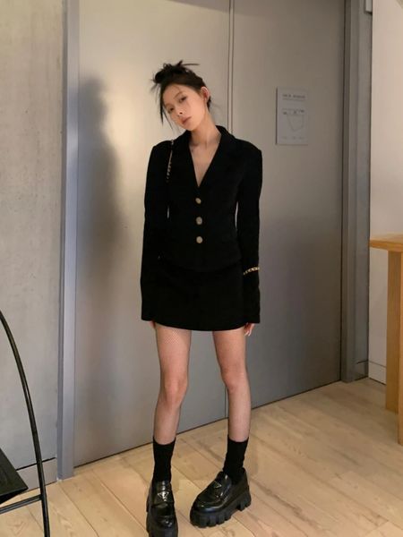2023 automne coréen élégant noir 2 pièces ensemble tenues décontracté Vintage veste manteau bureau dame mince Mini jupe Blazer costume 231220