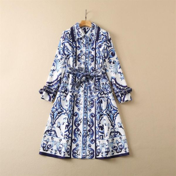 2023 Automne Revers Cou Paisley Imprimé Ceinturé Trench-Coat Bleu et Blanc Porcelaine Manches Longues Boutons Simple Boutonnage Long Outwear 258b