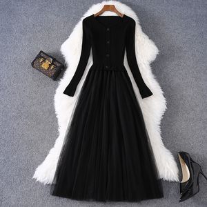 2023 herfstjurk met lange mouwen, ronde hals, gebreide gestikte mesh-jurk, zwarte halfhoge jurk, elegante casual jurken