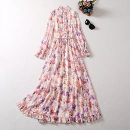 2023 Otoño Multicolor Estampado floral Lazo Lazo Vestido Manga larga Cuello redondo Botones Largo Maxi Vestidos casuales A3Q191340 Tallas grandes XXL