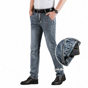 2023 automne nouveau style classique bleu-gris jean slim antivol fermeture éclair Cott élastique coupe régulière Denim pantalon homme marque pantalon D88I #
