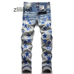 2023 Automne New Fashion Men High Street Blue Star Brodery Patch Jeans Mens Slim Fit Denim Pantalon Jeans Vaqueros Hombre