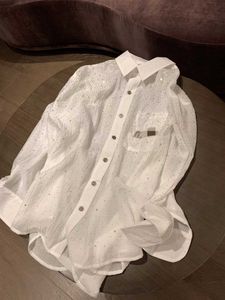 2023 Herfst Nieuwe Hot Diamond Letter Stijl Mode Veelzijdige Losse Ontspannen Polo Kraag Lange Mouwen Shirt Top voor Vrouwen