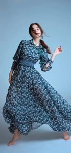 2023 Herfst nieuwe poloprint taille elastische lange jurk