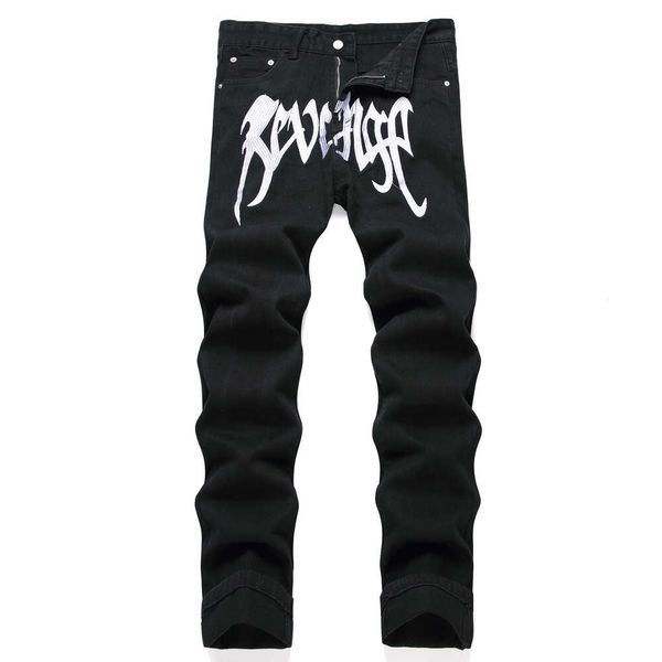 2023 otoño nueva calle hombres negro Bordado de letras Slim Fit tubo recto bala libre Mediados de cintura pantalones vaqueros tendencia