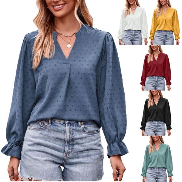 Camiseta de Color liso para mujer, camiseta de Jacquard con cuello en V, Top holgado de manga larga con manga de paraguas, novedad de Otoño de 2023