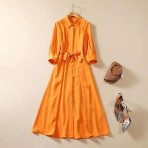 Robe mi-longue avec ceinture, couleur unie, Orange, manches 2023, col à revers, robes décontractées, automne 3/4, A3S150906-04