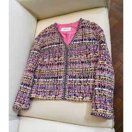 2023 Automne Rose Contraste Couleur Contraste Garniture Paillettes Tweed Veste Tissage 3D Manches Longues Col En V Double Poches Vestes Classiques Manteau Court Outwear A3G301364