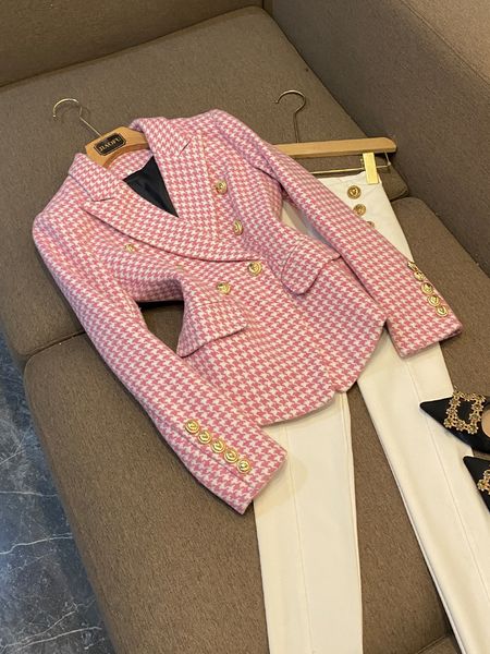 Blazer à panneaux pied-de-poule rose, manches longues, boutons à revers cranté, Double boutonnage, manteaux d'extérieur, automne 2023, O3O072106