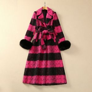 2023 Autumn roze plaid-riem wollen blends jas mouw ingekapte lapel pailletten met één borsten lange langdurige lagen plus size xxxl s3o261026