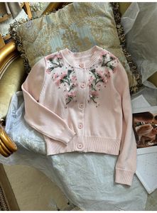 Cardigan perlé rose de couleur unie, pull à manches longues, col rond, tricoté avec paillettes, simple boutonnage, hauts WS3O21, automne 2023