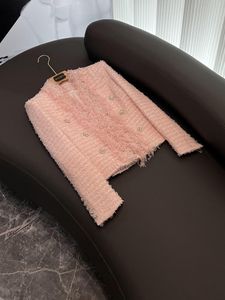 2023 Herfst Roze Effen Kleur Tweed Jas Met Lange Mouwen V-hals Strass Double-Breasted Jassen Jas Kort Uitloper O3O072202