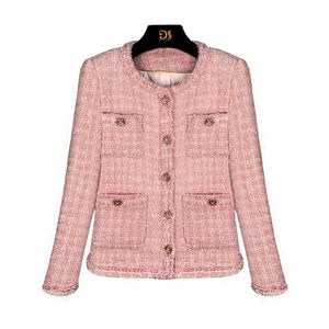 2023 Herfst Roze Effen Kleur Contrasterende Afwerking Jas Met Lange Mouwen Ronde Hals Tweed Knopen Single-Breasted Jassen Jas Kort Uitloper D3S158153