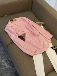 2023 otoño Rosa Color sólido de gran tamaño lentejuelas Blazers manga larga solapa con muescas doble botonadura prendas de vestir abrigos O3G302085