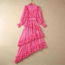 2023 automne rose couleur unie lambrissé robe en mousseline de soie à manches longues col montant midi robes décontractées S3W170518