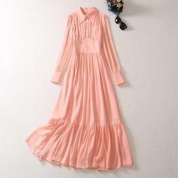 2023 automne rose couleur unie lambrissé robe à manches longues revers cou boutons midi robes décontractées A3Q191340 grande taille XXL