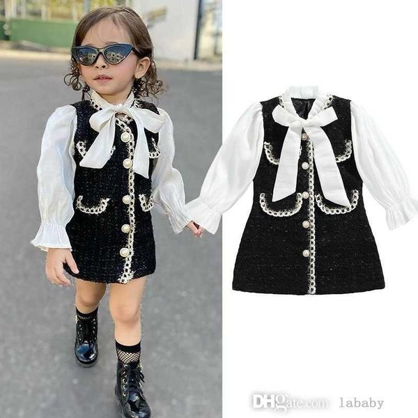 Robe princesse d'automne pour filles, tenue douce pour enfants, avec nœud papillon, manches longues bouffantes, jupe à poche simple boutonnage, 2023