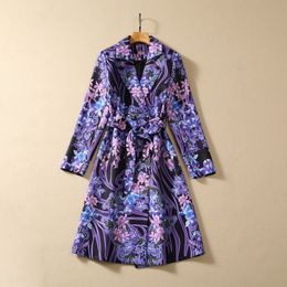 2023 Automne Violet Imprimé Floral Ceinturé Trench-Coat À Manches Longues Revers Cranté Panneaux À Double Boutonnage Longs Manteaux D'extérieur S3S200921