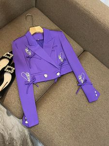 2023 Automne Purple Couleur solide Ribbon Alime Blazers Blazers à manches longues Lape Lapel Notched Double-Breasted Courts Couches O3N022207