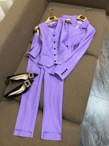 2023 Automne Violet Couleur Unie Deux Pièces Pantalons Ensembles Manches Longues Revers Cranté Double Boutonnage Blazers Haut Avec Gilet Pantalon Long Ensemble 3 Pièces Blazer Ensembles F3N02171539