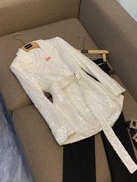 2023 Otoño Shine Sequins Belted Blazers manga larga con solapa con muescas prendas de vestir clásicas abrigos D3L01