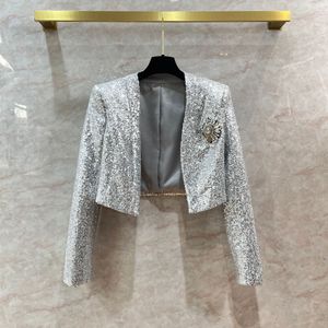 Veste à paillettes argentées et perles, manches longues, col en v, strass, classique, manteau court, vêtements d'extérieur, automne 2023, Q3Q131215