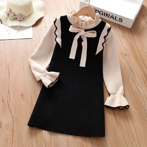 2023 Automne Spring Teenagers Girls Kids Kidtie Bowtie Knit Sweater Robes Princess Clothes Year Christmas 4 5 6 7 8 9 10 11 240517